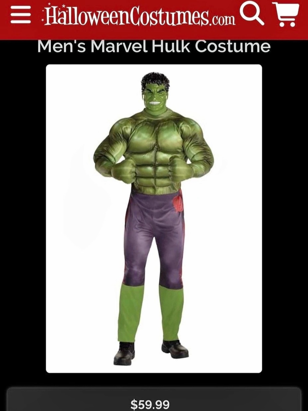 Marvel Hulk Costume Adult Plus 2XL New in bag men’s muscle suit Halloween Xxl
